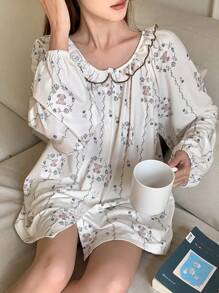 DAZY 2pcs Women Floral All Over Print Loose Long Sleeve Pajamas Set - Beige - View 7