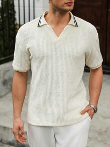 Manfinity Homme Manfinity Men's Casual Cool Casual Simple Contrast Stripe Short Sleeve Polo Shirt, For Tennis - Apricot - View 6