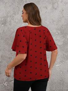 Reflora Plus Size Ruffle Heart Decor Summer Shirts, Casual And Fashionable For Daily Wear - Burgundy - View 2