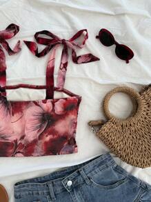 Soleia Vacation Women's Retro Floral Print Gathered Shoulder Tie Bowknot Cropped Tank Top,Valentine's Day,Summer For Women,Beach For Woman,Mardi Gras,Western Wear Woman,Birthday For Women,Crop Top Woman