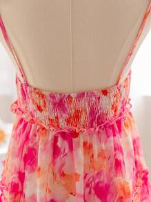 Soleia 女士浪漫花卉印花系带肩蝴蝶结迷你连衣裙，配有多层荷叶边下摆，适合度假 - 彩色 - 查看 5