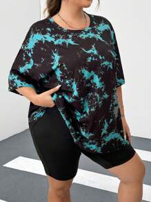 SHEIN CURVE+ Camiseta de manga corta con hombros caídos y teñido anudado de talla grande (teñido anudado aleatorio)