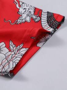 Manfinity EMRG Men's Fashionable Dragon And Floral Print Short Sleeve T-Shirt, For Chinese New Year
