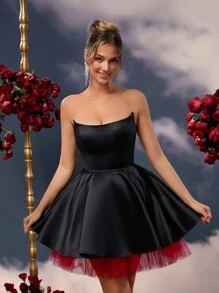 SHEIN Belle 优雅浪漫的黑色撞色红色网眼筒带泡泡双层下摆婚礼宾客礼服，适合晚会、情人节约会、返校季、毕业季舞会礼服返校节礼服 - 彩色 - 查看 6