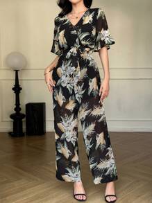 DAZY Women's Floral V-Neck Ruffled Tied Jumpsuit Vacation Outfits Women Easter Boho Jumpsuit For Women - Black - View 3