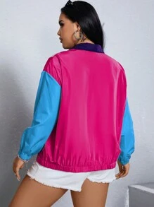 SHEIN EZwear 大尺碼純色前拉鍊拼接休閒夾克，簡約設計，適合冬季秋季登山 - 彩色 - 查看 2
