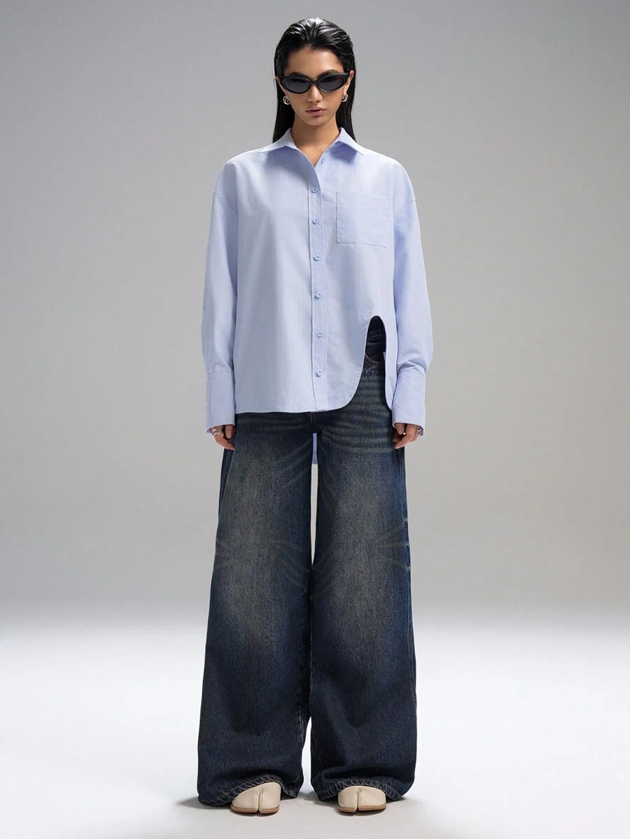 LYSMO 女士蓝色宽松设计衬衫-2025 年春夏新品 - 藍色 - 查看 1
