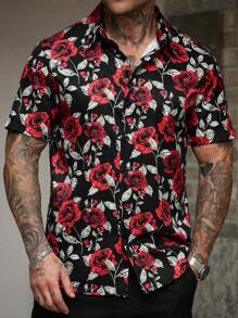 Manfinity Homme Camisa de manga corta con estampado de rosa roja sobre fondo negro para hombre