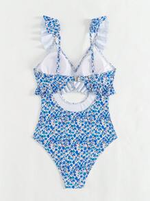 Swim Mod 1pc Ditsy Floral Cut-Out Ruffle Trim One-Piece Swimsuit, Random Print Pattern, Suitable For Beach & Holiday For Summer Beach Vacation