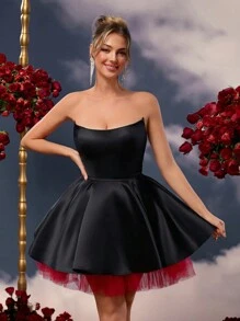 SHEIN Belle 优雅浪漫的黑色撞色红色网眼筒带泡泡双层下摆婚礼宾客礼服，适合晚会、情人节约会、返校季、毕业季舞会礼服返校节礼服 - 彩色 - 查看 1