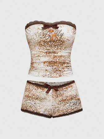 ROMWE Avant Y2K Style Deer-Print Lace Bandeau Crop Top & Low Waist Shorts 2 Pieces Set For Women