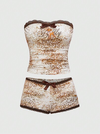 ROMWE Avant Y2K Style Deer-Print Lace Bandeau Crop Top & Low Waist Shorts 2 Pieces Set For Women