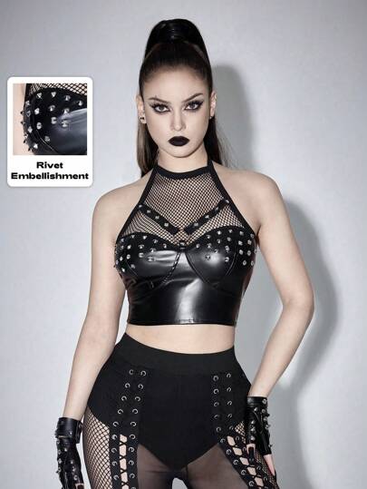Grunge Punk Top a canotta sexy in rete, pelle sintetica e rivetti punk, scollo alto