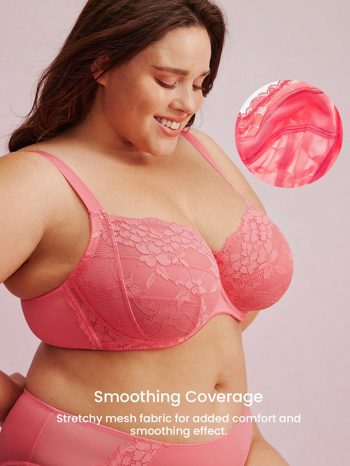 Plus Woman Bielizna o pełnym pokryciu, Lounge Curve Support i oddychające fiszbiny, seksowny, bez podszewki, minimalizujący biustonosz w kolorze różowym z koronką, elegancka bielizna ślubna