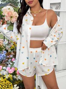 Flirla Colorful Heart Pattern Loose Shirt & Elastic Waist Shorts Set For Women - White - View 4