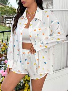 Flirla Colorful Heart Pattern Loose Shirt & Elastic Waist Shorts Set For Women - White - View 5