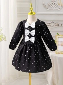 年轻女孩编织圆点泡泡袖修身连衣裙 - 黑與白 - 查看 1