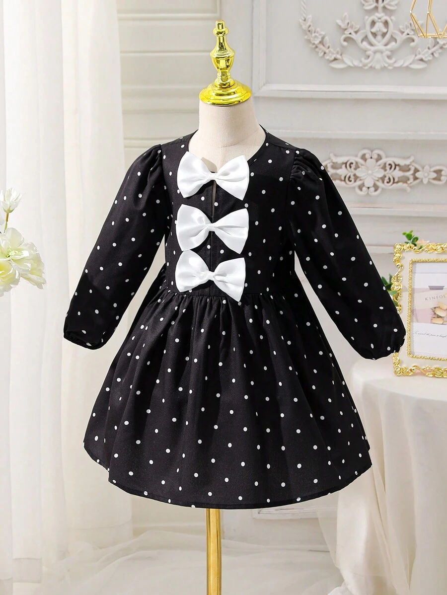 年轻女孩编织圆点泡泡袖修身连衣裙 - 黑與白 - 查看 1