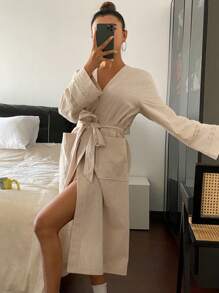 Livesso 简约蕾丝拼接下摆长款系带睡袍，家居服，舒适保暖，秋冬款