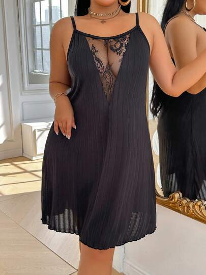 大码蕾丝拼布透明性感吊带睡衣