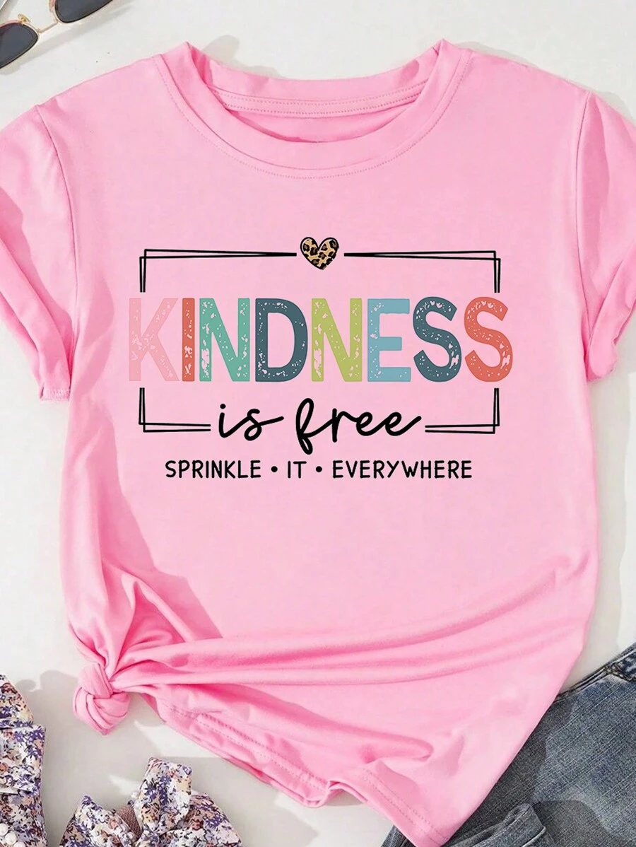 EMERY ROSE Plus Size Kindness Is Free Printed Summer T-Shirt - Pink - View 1
