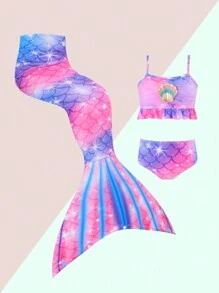 Young Girl Cute Mermaid Scale Print Shell Bikini And Mermaid Tail 3pcs Beachwear Set, With Ruffle Design And Mesh Splice - Purple - View 3