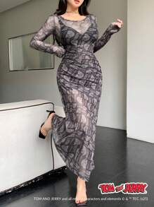 TOM AND JERRY X DAZY 透明圆领印花网眼修身长袖女式衬衫，秋季女装 - 黑色 - 查看 2