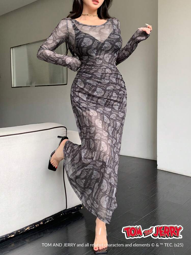 TOM AND JERRY X DAZY Transparent Crew Neck Printed Mesh Fitted Long Sleeve Blouse For Women,Fall Women Clothes