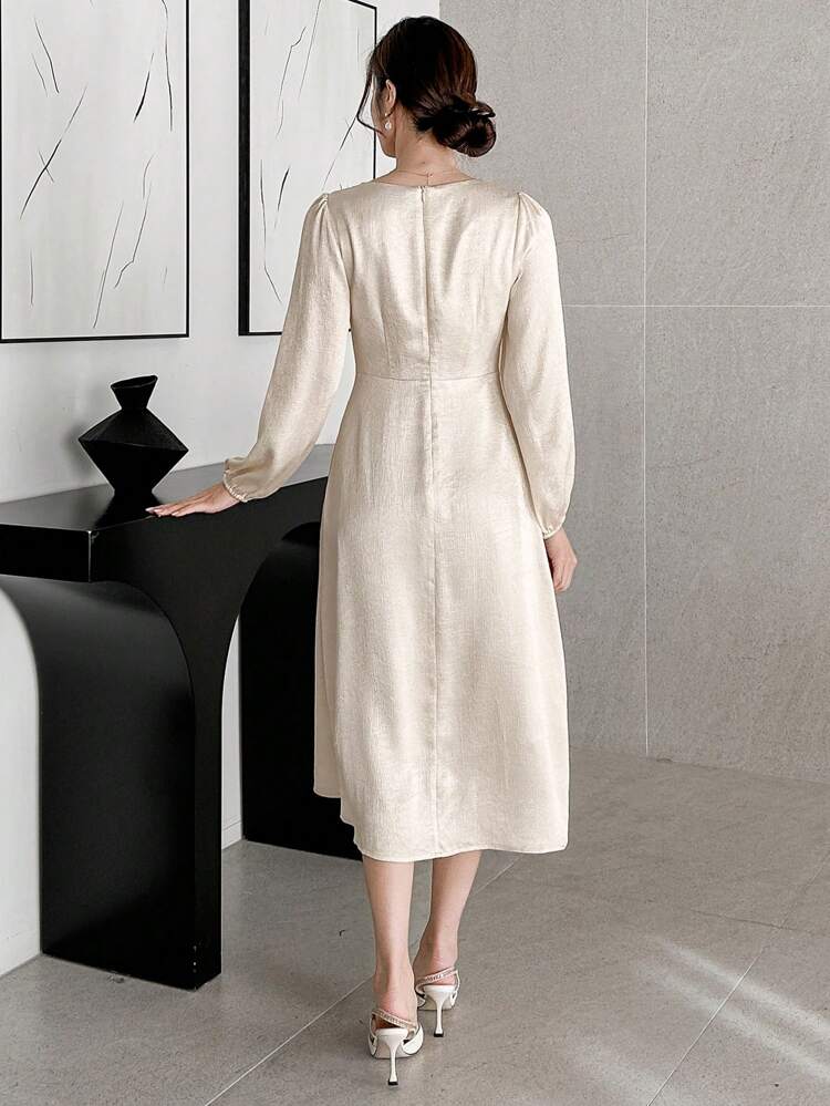 Solid Color V-Neck Lantern Sleeve Asymmetrical Ruched Mid-Length Dress For Women,Fall Dress Long Sleeve Dress