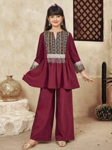SHEIN Tween Girls Tassel Trim Print Patchwork Flare Sleeve Shirt And Wide Leg Pants 2pcs Set - Burgundy - View 1