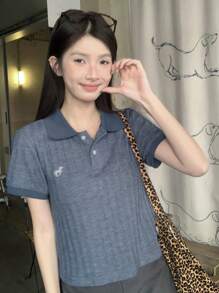 DAZY Women Casual Front Button Short Sleeve Embroidered Blouse