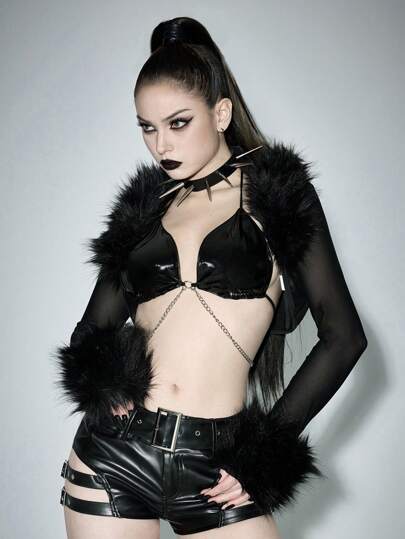 Grunge Punk Cárdigan con cuello de pelo negro, estilo Y2K Harajuku, con parches de malla, acortado, apropiado para combinar con camisolas o vestidos