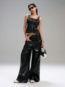 LYSMO Débardeur à zip avant de couleur unie - Noir - Voir 5