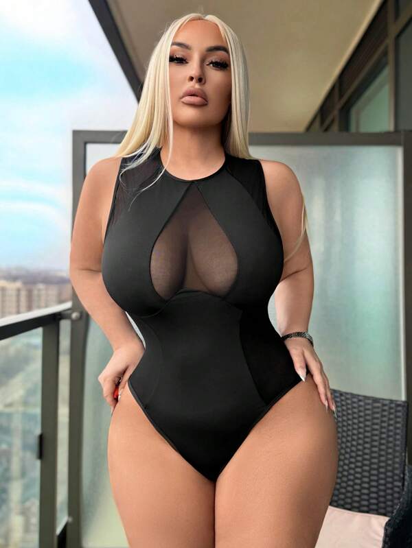 SHEIN SXY Body sexy de malla transparente y parches opacos negro para mujer de talla grande
