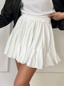 SHEIN Leap Crew 少女白色荷叶边下摆迷你裙、高腰百褶裙、芭蕾短裙、派对装、街头装、夏季/秋季裙子、白色裙子、适合青少年的白色迷你裙 - 白色 - 查看 1