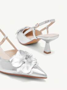 CUCCOO CHICEST Women's 3D Floral Pointed Toe Stiletto Heel Mid Heel Classy Romantic Elegant Classic Gold Faux Leather Ladies Peep Toe High Heels For Dates & Formal Events Spring Shoes Spring Break Easter Prom Heels