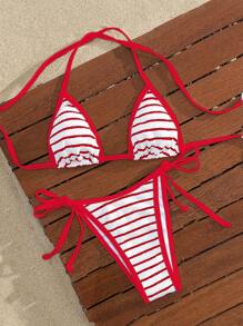 Swim Mod Women Striped Tie-Back Halter Bikini Top And Bottom Bikini Swimwear Set - Micro Triangle, For Summer Beach Vacation - Red and White - View 5