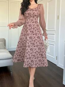 DAZY 优雅女士中长款雪纺花卉拼接方领泡泡袖连衣裙，春季秋季长袖连衣裙，复活节 - 粉色 - 查看 8