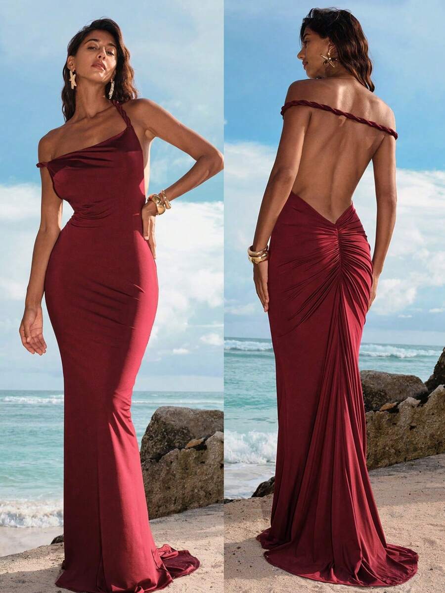 Opulessa Solid Color Knit Backless Fitted Mermaid Dress For Women - Burgundy - View 1