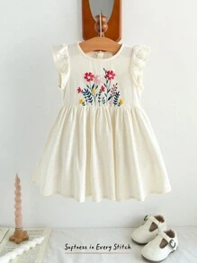 Cozy Pixies Baby Girl Plant & Floral Pattern Round Neck Sleeveless Waist Cinching Dress - Beige - View 3