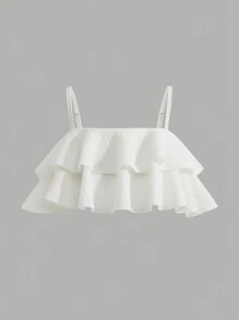 SHEIN Tween Girls Textured Multi-Layer Ruffle Trim Cami Bikini Set, Bikini Set Skirt Summer Beach, Beach Vacation Wear - Beige - View 7