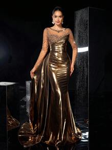 Glamrae Elegant Luxurious Crystal Embellished Ruched Mermaid Dress, Coated Knit Fabric With Flounce, Wedding Guest Dress, Suitable For Wedding, Party, Banquet, Event, Formal Dress, Evening Dress