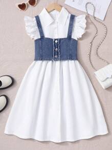 2pcs/Set Tween Girl White Cap Sleeve Dress With Distressed Denim Camisole, Casual & Semi-Formal Set For Spring/Summer,Holiday,Summer,Travel