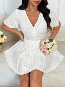 Flirla Plus Size V-Neck Ruffle Sleeve Hollow-Out Jacquard A-Line Pockets Casual Elegant Party Guest Wedding Bridesmaid Short Dress For Women