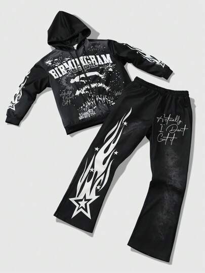 Street Life Conjunto de sudadera con capucha y pantalones con impresión de letras para hombres