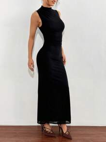 SHEIN EZwear Black Mesh High Slit Sleeveless Dress - Black - View 6