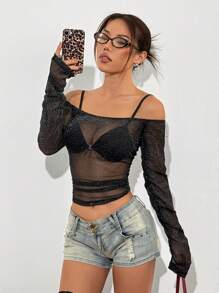 SHEIN EZwear Women's Long Sleeve Minimalist Sheer Mesh Off Shoulder Ruched Blouse - Black - View 3