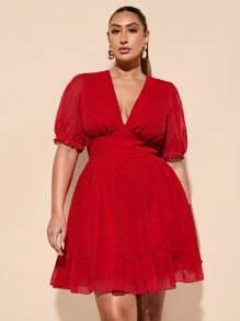 SHEIN BAE Robe d'été/printemps élégante et décontractée pour femmes grandes tailles, manches bouffantes rouges, col V, coupe évasée. Robe mini chic, ajustée à la taille, robe en mousseline à pois. Robe de graduation, robe invitée de mariage, robe de soirée