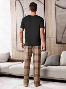 2件套男士格子印花口袋短袖上衣和裤子休闲套装 - 彩色 - 查看 2