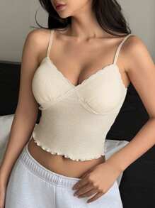 DAZY Floral Ruffle Trim Camisole Top With Built-In Padded Bra - Beige - View 7